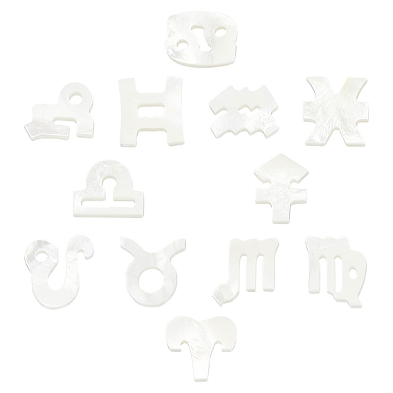 Natural White Shell Beads, Mother of Pearl Shell Beads, Top Drilled Beads, 12 Constellation/Zodiac Sign