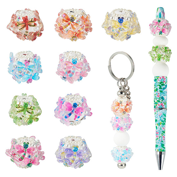 9 непрозрачные акриловые бусины, круглый со стрекозой