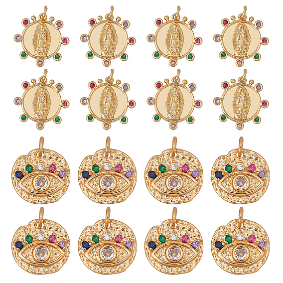 16Pcs 2 Styles Brass Micro Pave Clear Cubic Zirconia Charms, with Jump Rings, Flat Round