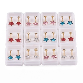 304 Stainless Steel Earlobe Plugs, Screw Back Earrings, with Polymer Clay Rhinestone, Star, Golden