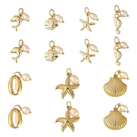 14 pièces 7 style 316 acier inoxydable chirurgical et 304 acier inoxydable avec pendentifs en perles de culture d'eau douce naturelles, avec 304 anneaux en acier inoxydable, breloques sur le thème de l'océan, formes mixtes