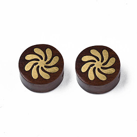 Perles en bois naturel non teintées, avec des tranches de laiton brut (non plaqué) en forme de fleur, plat rond