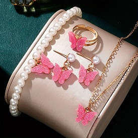 Комплект из бабочки, акрилового кулона, ожерелья, браслета, сережек и кольца, комплекты украшений из искусственного жемчуга для детей