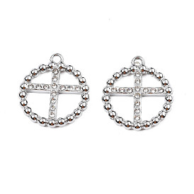 304 Stainless Steel Pendants, with Crystal Rhinestone, Ring with Cross
