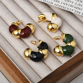 C-Shaped Brass Enamel Stud Earrings for Women, Real 18K Gold Plated