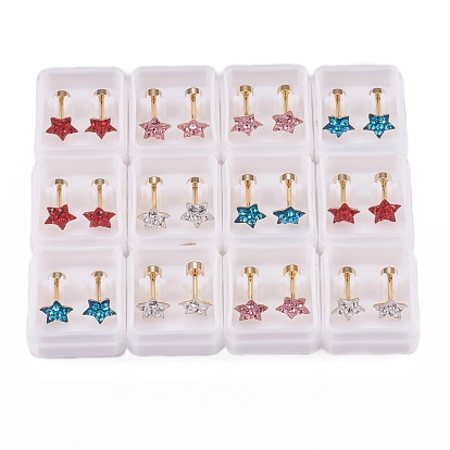 304 Stainless Steel Earlobe Plugs, Screw Back Earrings, with Polymer Clay Rhinestone, Star, Golden