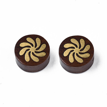 Perles en bois naturel non teintées, avec des tranches de laiton brut (non plaqué) en forme de fleur, plat rond
