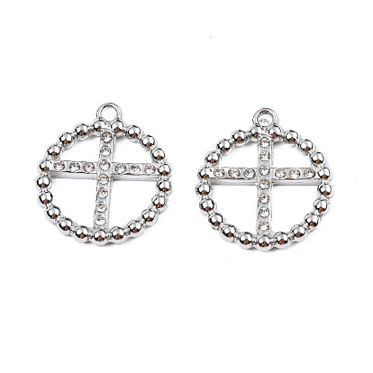 304 Stainless Steel Pendants, with Crystal Rhinestone, Ring with Cross