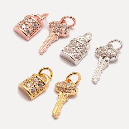 Brass Micro Pave Grade AAA Cubic Zirconia Charms, Long-Lasting Plated, Key and Padlock, Cadmium Free & Nickel Free & Lead Free