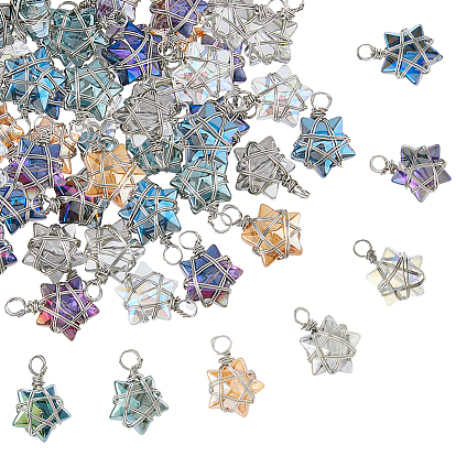 70Pcs 7 Styles Glass Pendants, Star Charms, with Copper Wire, Platinum