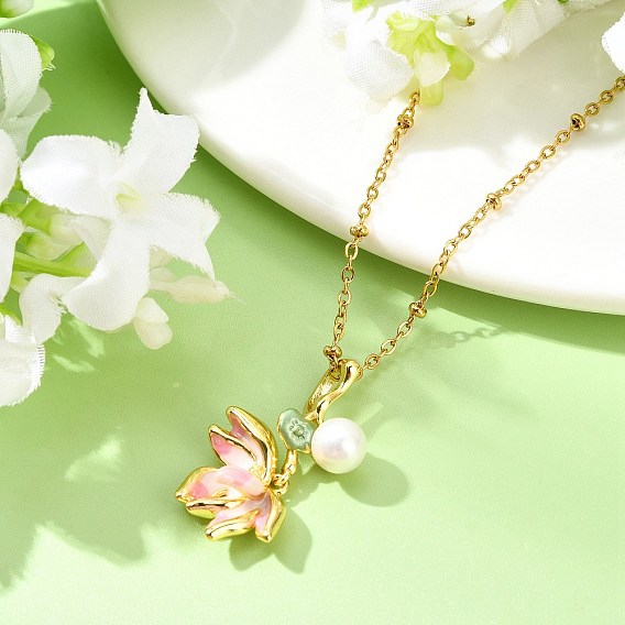 Colgante de flor de loto rosa con esmalte de latón y perlas de concha 304 Collares de cadena satélite de acero inoxidable para mujer