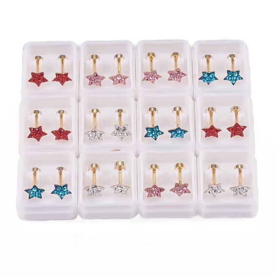 304 bouchons de lobe d'oreille en acier inoxydable, boucles d'oreilles vissées, avec argile polymère strass, étoiles, or