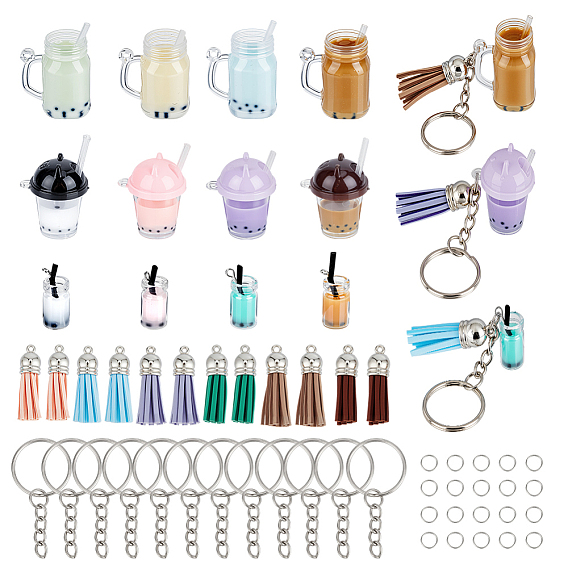 Наборы для самостоятельного изготовления брелока-подвески в виде молочного чая, включают в себя железные разъемные брелоки, подвески из пластиковых бутылок и стаканчиков с имитацией пузырькового чая