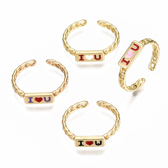Brass Enamel Cuff Rings, Open Rings, for Valentine's Day, Nickel Free, Curb Chain, Word I Love You, Real 16K Gold Plated