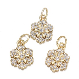 Brass Micro Pave Cubic Zirconia Charms, with Jump Rings, Snowflake, Clear