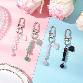 4Pcs Heart Round Natural Green Aventurine & Quartz Crystal & Rose Quartz & Obsidian Pendant Decorations, with Alloy Swivel Clasps