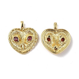 Brass with FireBrick Glass Pendants, Heart with Owl Charms