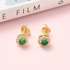 Овальные серьги-гвоздики из латуни с микропаве из прозрачных кубических цирконий, со стеклом, стойки покрытие, без кадмия и без свинца