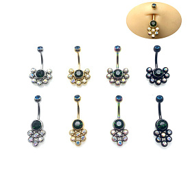 304 Изогнутая штанга для пирсинга живота из нержавеющей стали с инкрустацией цветными кубическими циркониями, цветок