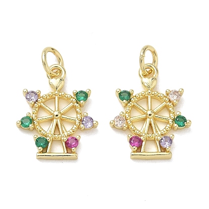 Brass Micro Pave Colorful Cubic Zirconia Pendants, Ferris Wheel Charms, Real 18K Gold Plated
