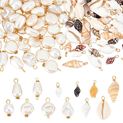 120Pcs 12 Styles Acrylic Imitation Pearl & Natural Mixed Shell Pendants & Links Findings Kits