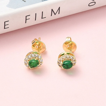 Овальные серьги-гвоздики из латуни с микропаве из прозрачных кубических цирконий, со стеклом, стойки покрытие, без кадмия и без свинца