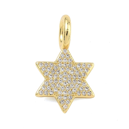 Brass Micro Pave Clear Cubic Zirconia Pendants, Star of David Charms, Rack Plating, Long-Lasting Plated, Cadmium Free & Lead Free