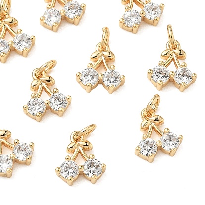 SHEGRACE Brass Micro Pave Cubic Zirconia Pendants, Cherry Charms, Cadmium Free & Nickel Free & Lead Free, Clear