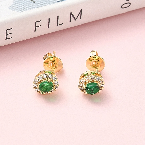 Овальные серьги-гвоздики из латуни с микропаве из прозрачных кубических цирконий, со стеклом, стойки покрытие, без кадмия и без свинца