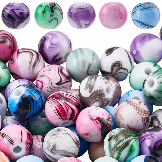 60Pcs Printed Acrylic Beads, Round