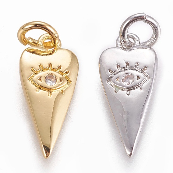 Brass Pendants, with Cubic Zirconia, Heart with Evil Eye, Clear