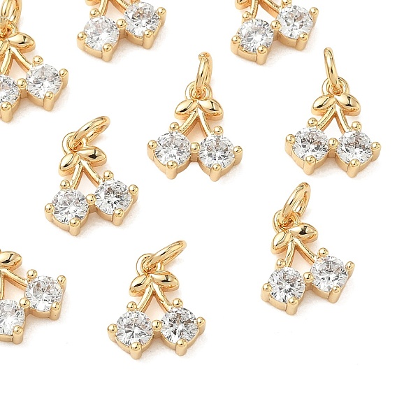 SHEGRACE Brass Micro Pave Cubic Zirconia Pendants, Cherry Charms, Cadmium Free & Nickel Free & Lead Free, Clear