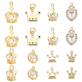 16Pcs 8 Style Brass Micro Pave Cubic Zirconia Pendants, Crown