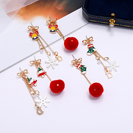 Cute Asymmetric Bowknot Pom-pom Snowflake Christmas Earrings for Women