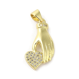 Rack Plating Brass Micro Pave Cubic Zirconia Pendants, Hand with Heart, Long-Lasting Plated, Cadmium Free & Lead Free