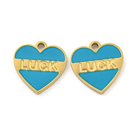 316 Surgical Stainless Steel Enamel Charms, Heart with Word Luck Charm, Golden