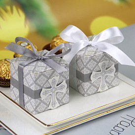 Folding Cardboard Candy Boxes, Wedding Gift Wrapping Box, with Ribbon, Square with Cross