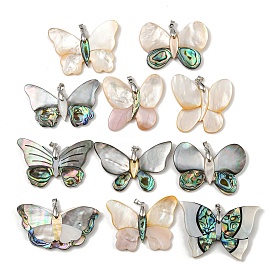 Rack Plating Brass Pave Natural Paua Shell & White Shell Pendants, Butterfly Charms