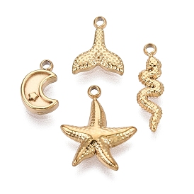 304 encantos de acero inoxidable, amuletos de luna/serpiente/cola de pez/estrella de mar, revestimiento de iones (ip), pulido