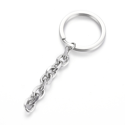 Polishing 304 Stainless Steel Split Key Rings, Keychain Clasp Findings, with Extended Cable Chains