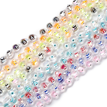Transparent Evil Eye Glass Beads Strands, with Enamel, Faceted, Teardrop