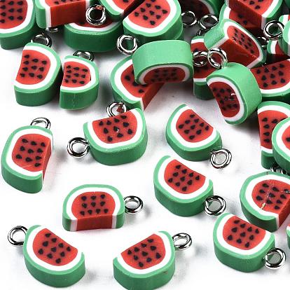 Handmade Polymer Clay Charms, with Platinum Iron Findings, Watermelon