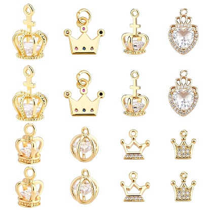 16Pcs 8 Style Brass Micro Pave Cubic Zirconia Pendants, Crown