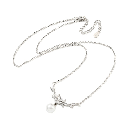 Colliers en laiton, Colliers à pendentif imitation perle ronde avec fleur en plastique