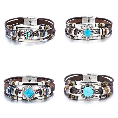 Ethnic Style Turquoise Jewelry Vintage Floral Diamond Crystal Tube Bead Leather Bracelet