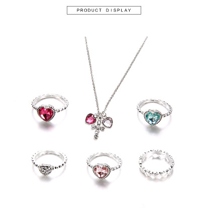 Fashion Heart Cross Diamond 6-Piece Set Ring Necklace