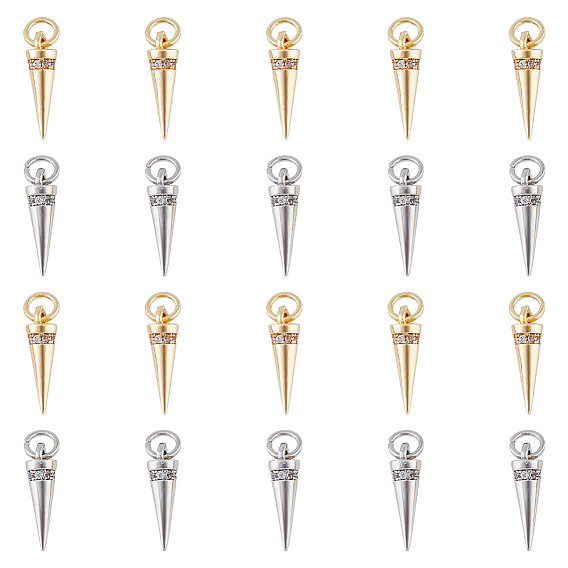20 шт. 2 цвета стойка покрытие латунь микро паве кубический цирконий подвески, долговечный, с целью перехода в кольце, шарм конус/шип