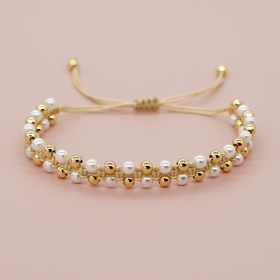 Handmade Woven Faux Pearl and Brass Round Braided Bead Bracelets, Golden