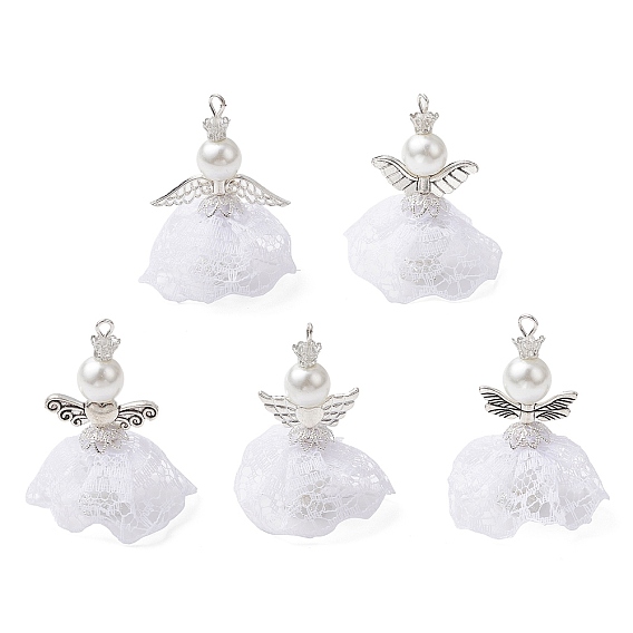 5шт 5 стили полиэстер кружево подвески, ангельские прелести, с бусинами из сплава и стеклянными бусинами