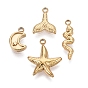 304 Stainless Steel Charms, Moon/Snake/Fishtail/Starfish Charms, Ion Plating(IP), Polished